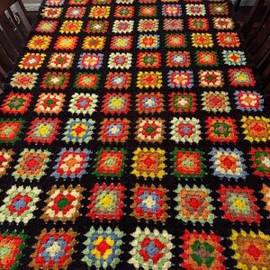 Vintage Brown Based Multi Color Hand Crocheted Granny Square Throw Blanket 48x68